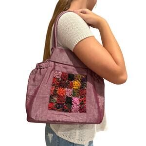 Thai Silk Rosette Adorned Embellished Double Handle Satchel Shoulder‎ Bag Purple